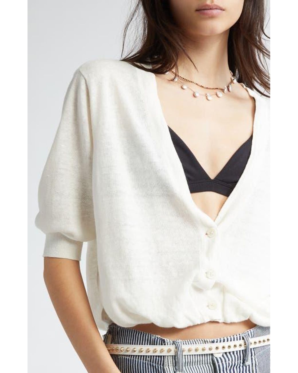R13 Elbow Sleeve Balloon Bubble Hem Linen Cardigan in White