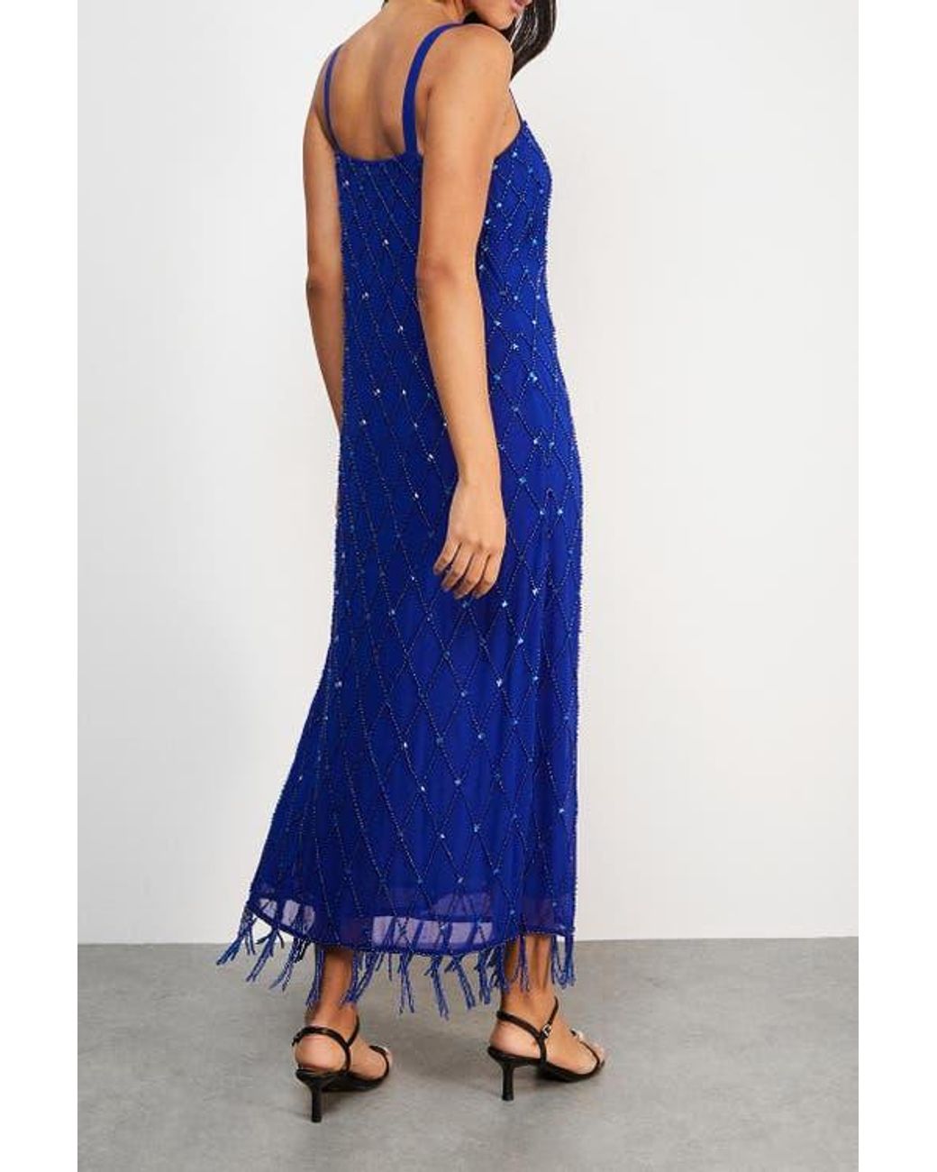 Warehouse Blue Hand Embellished Fringe Hem Midi Dress