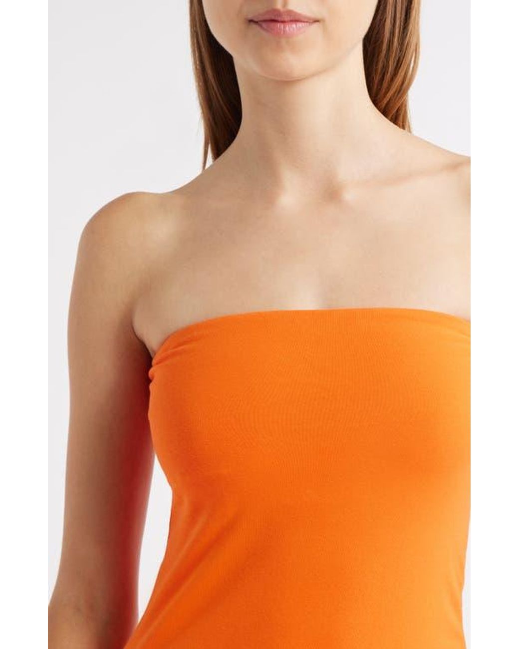 Mango Luigi Mixed Media Strapless Bubble Hem Dress in Orange | Lyst