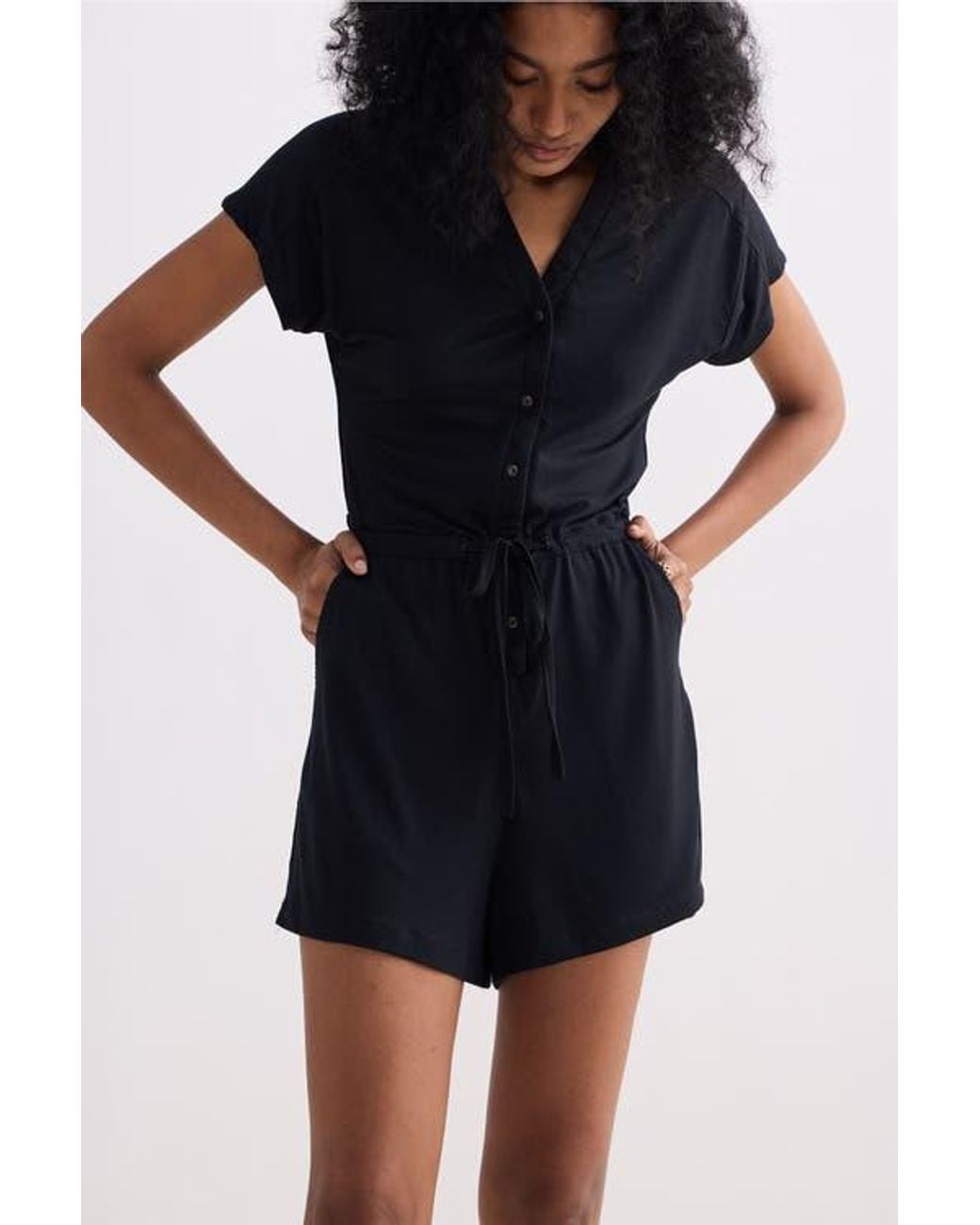 REISTOR Black V Neck Drawstring Knit Romper
