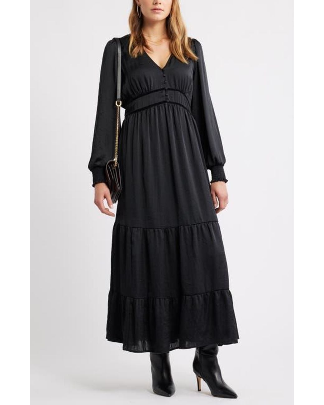 knee length dresses for ladies Cream Floral Smocked Long Sleeve Maxi Dress