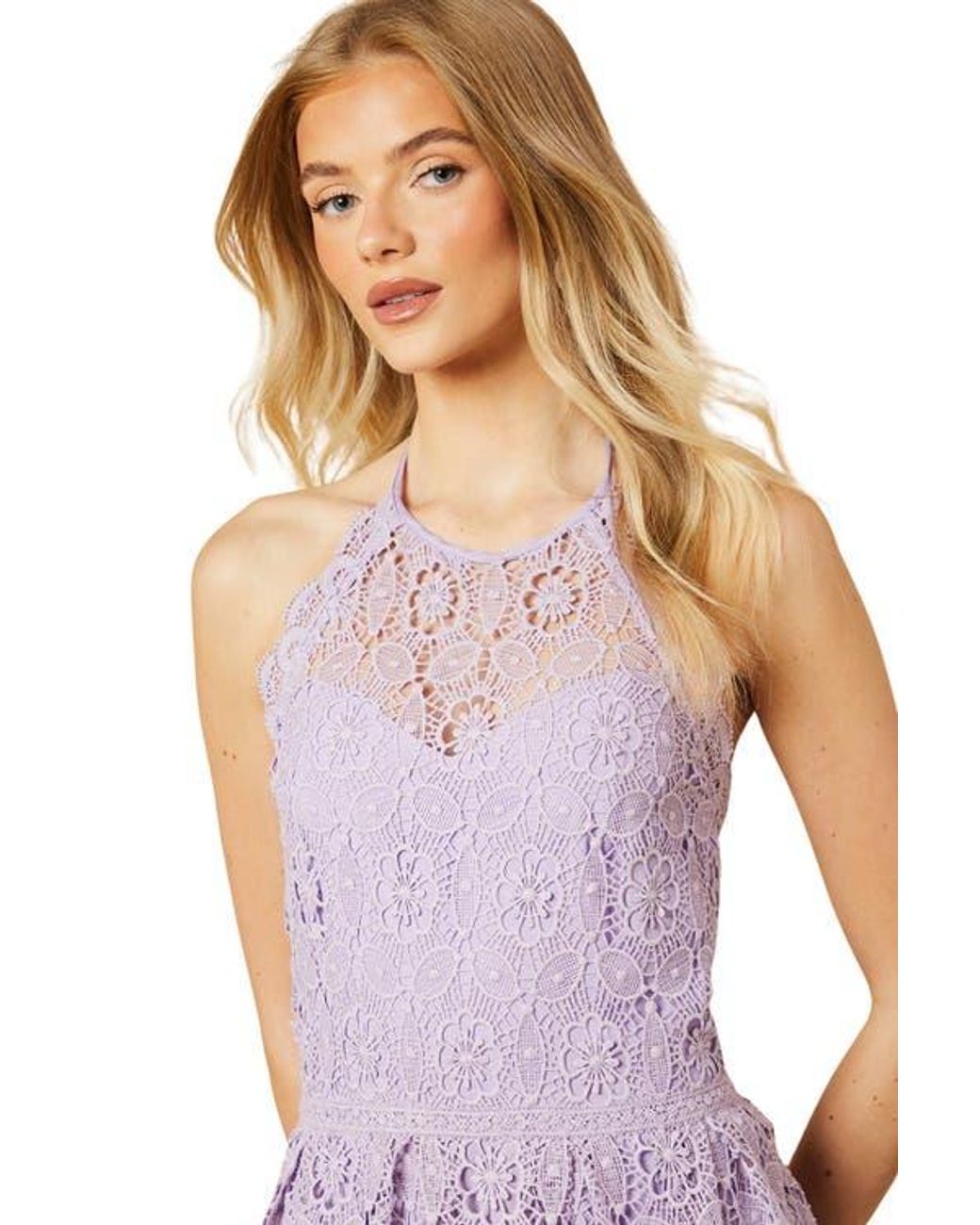 Oasis Lace Detail Halterneck Midi Dress in Purple | Lyst