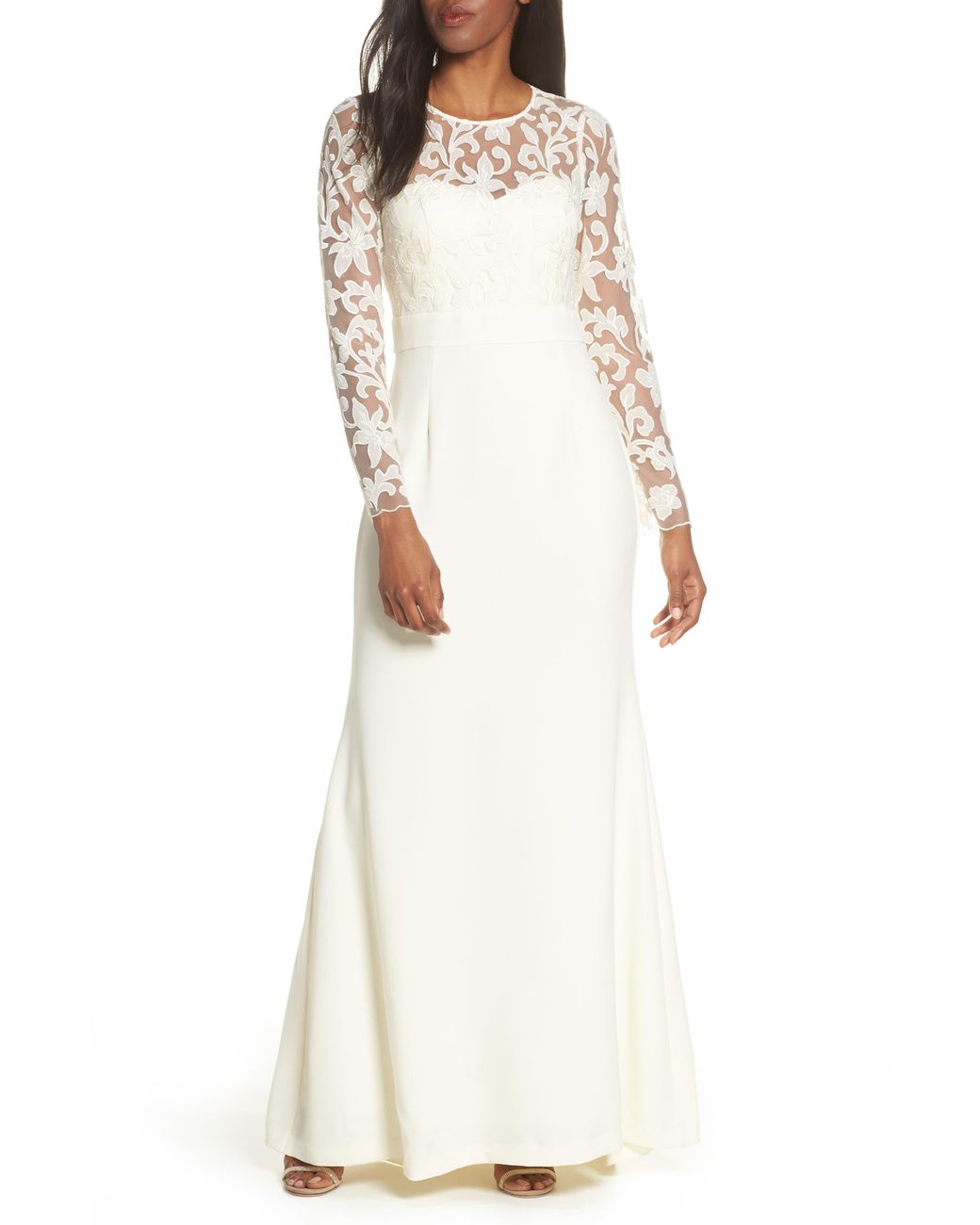 eliza j embroidered lace trumpet gown