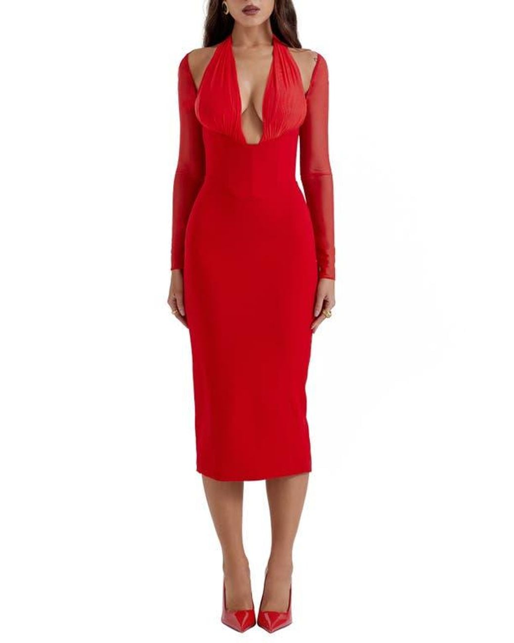 strapless open back dress Happy Clothing Red Bodycon Long Sleeved Organza Maxi Dress in Red main image 0