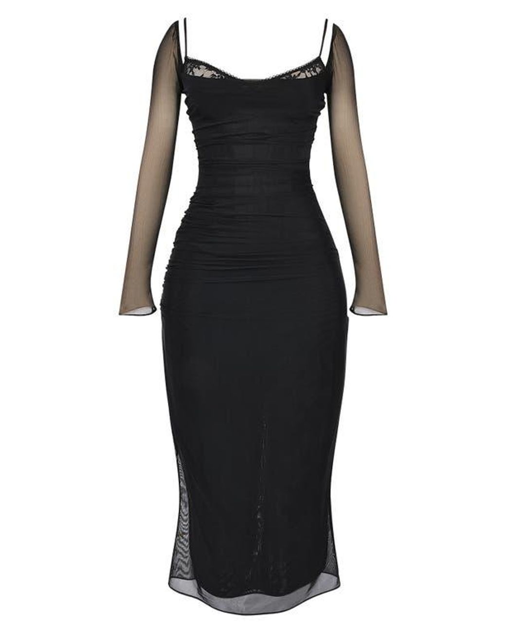 House Of Cb Katrina Lace Mesh Long Sleeve Gown in Black | Lyst