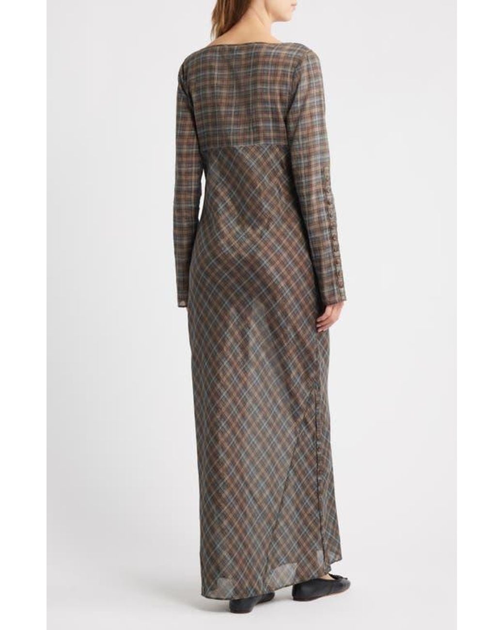 brown plaid maxi dress Historically Inspired Tartan Plaid Tiered Dress in Brown