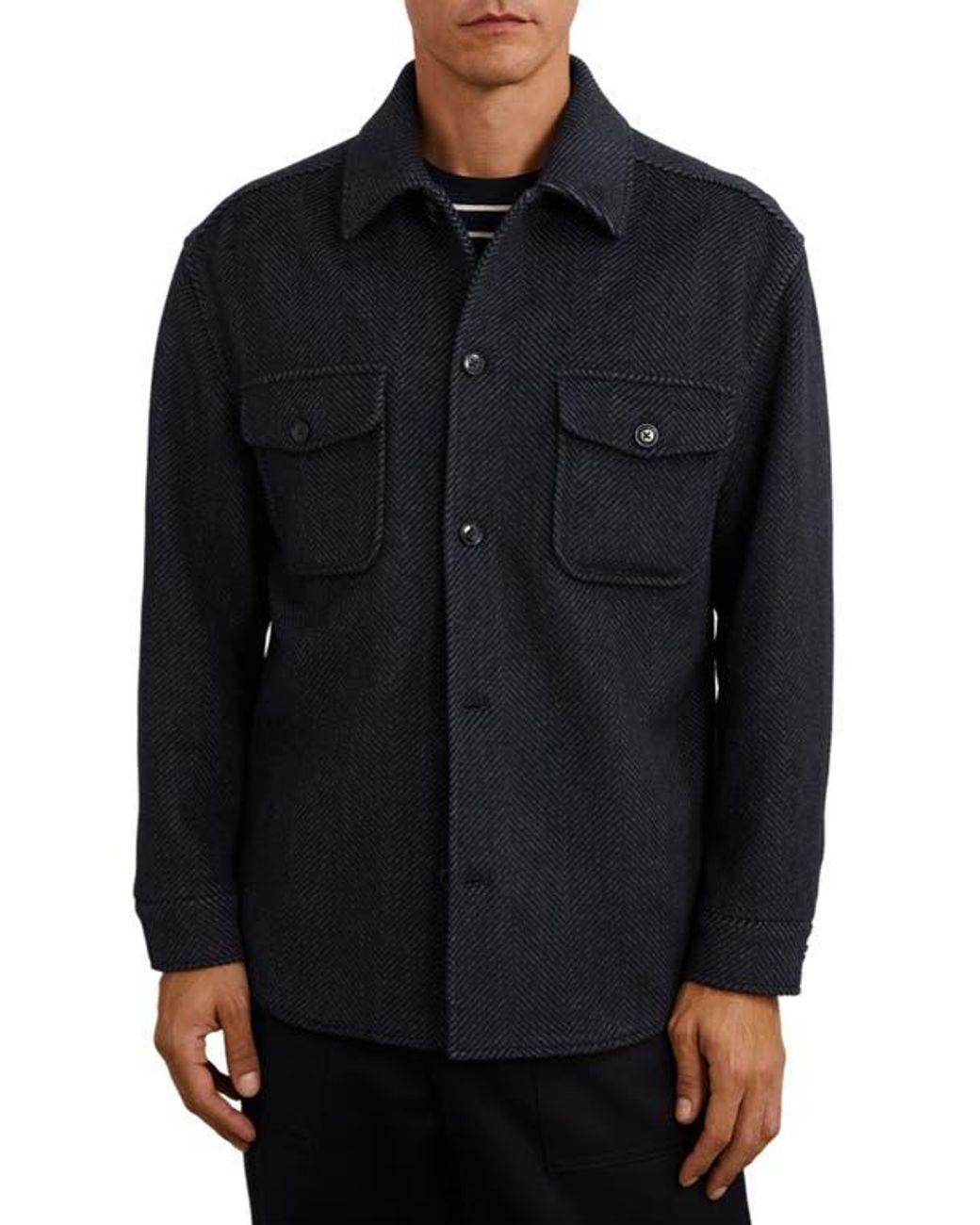 Reiss Compton Herringbone Wool Blend Shirt Jacket in Black for Men | Lyst