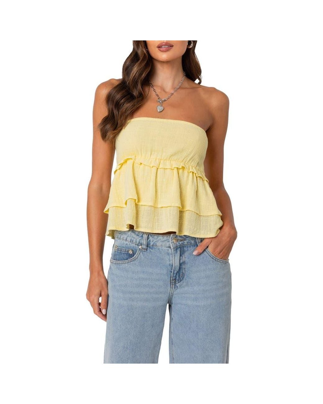 Edikted Blue Smocked Ruffle Strapless Top
