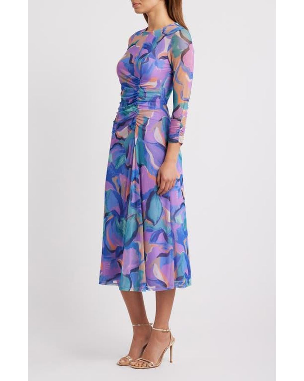 Vince Camuto Abstract Floral Long Sleeve Mesh Midi Dress in Blue | Lyst