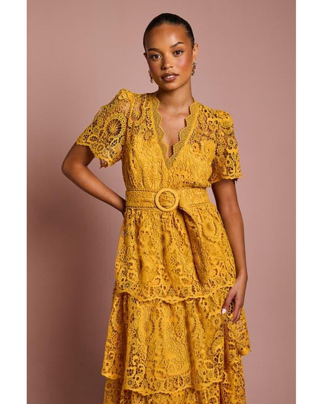 Coast Petite Tiered Lace Midi Dress in Yellow | Lyst