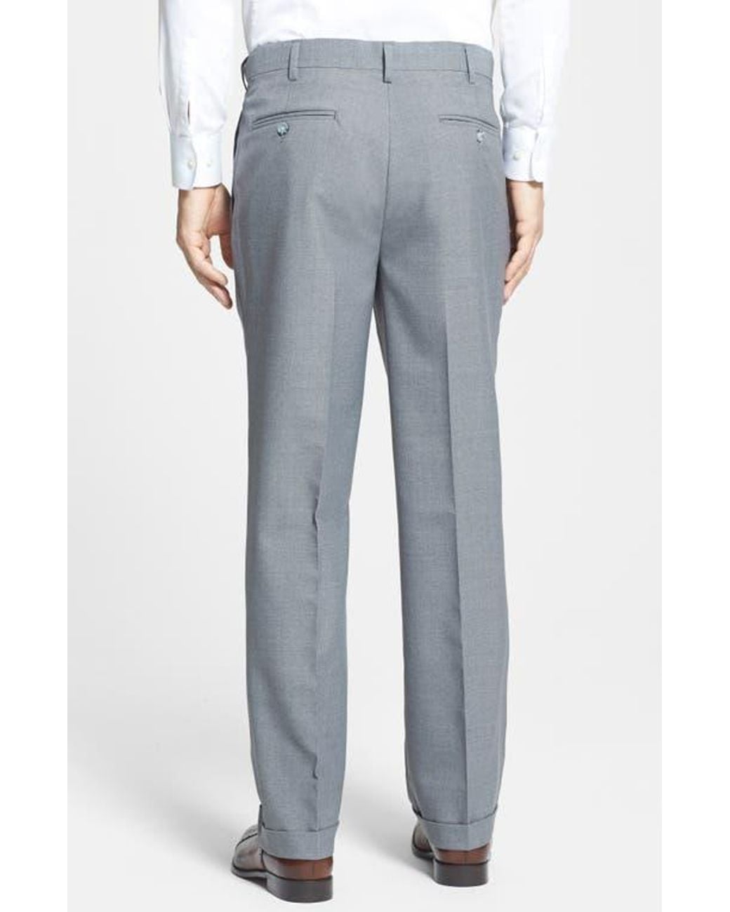 Berle Blue Self Sizer Waist Plain Weave Pleated Washable Trousers for men