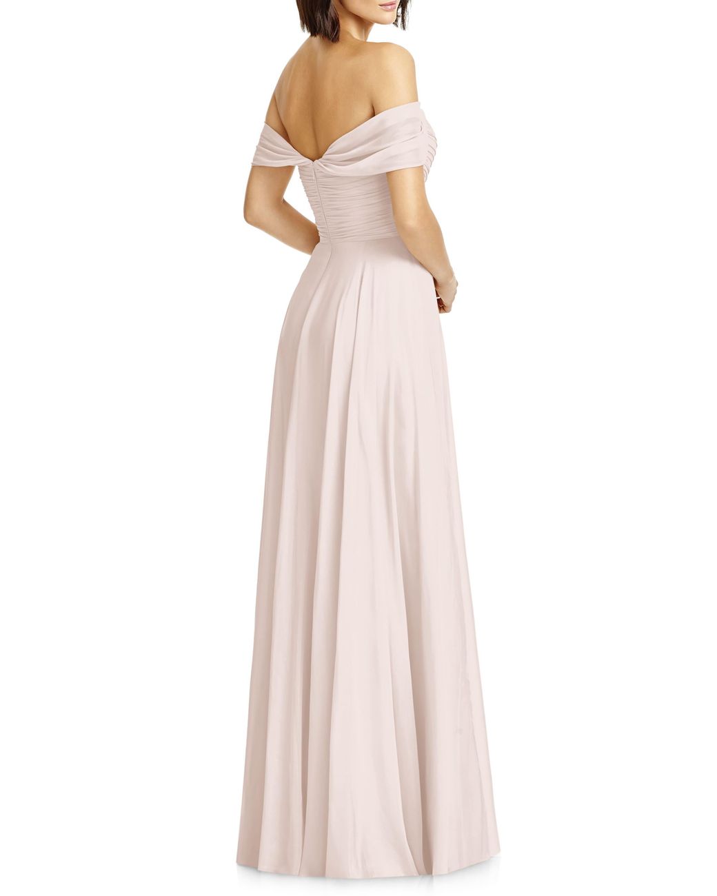 dessy collection lux off the shoulder chiffon gown