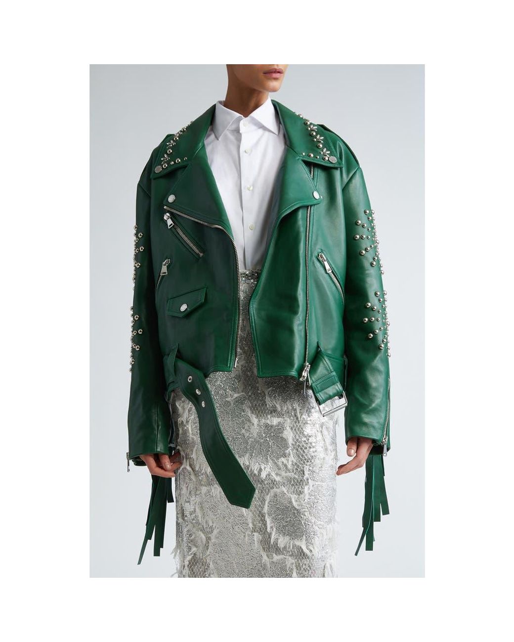 Green Biker's Heavy Spiked Studded Leather Jacket main image 0