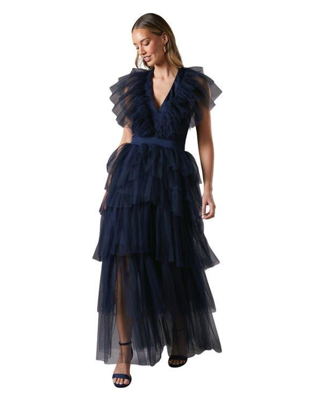 Coast Mesh V-Neck Halter Tiered Maxi Dress in Blue | Lyst