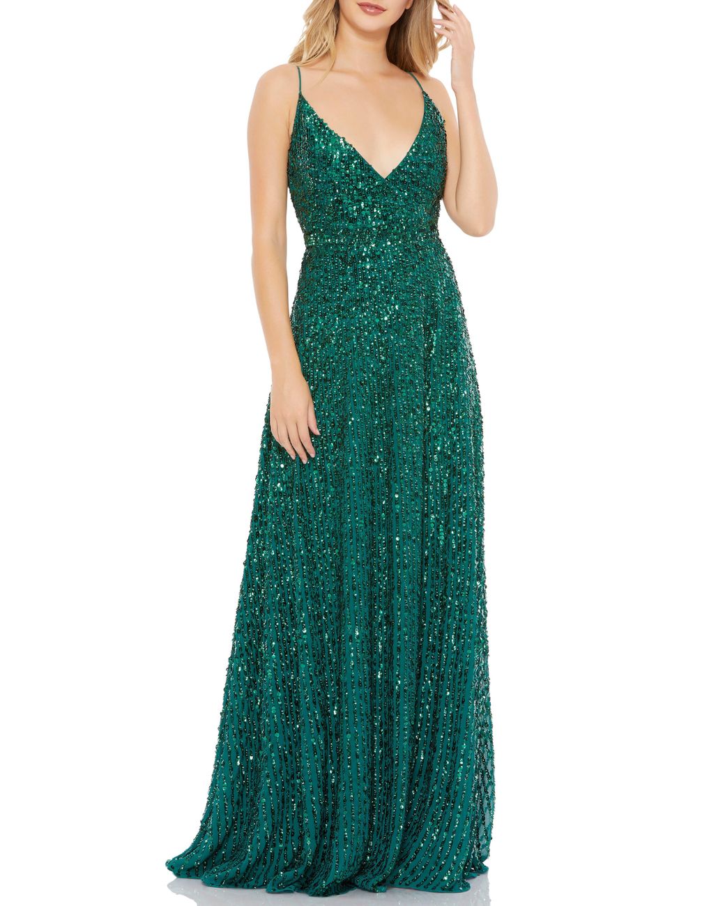 mac duggal green sequin gown
