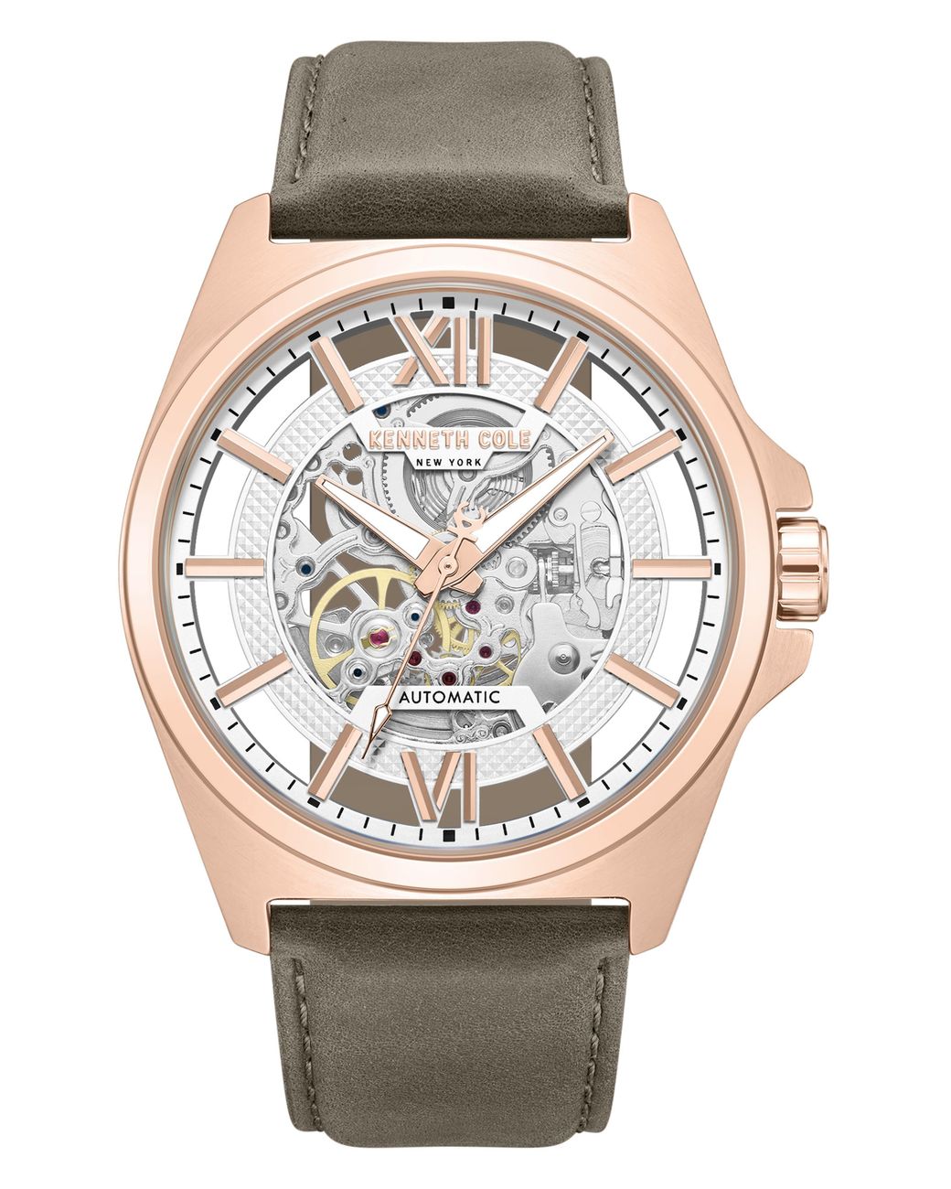 Kenneth Cole Gray Skeleton Automatic Leather Strap Watch, 44Mm for men