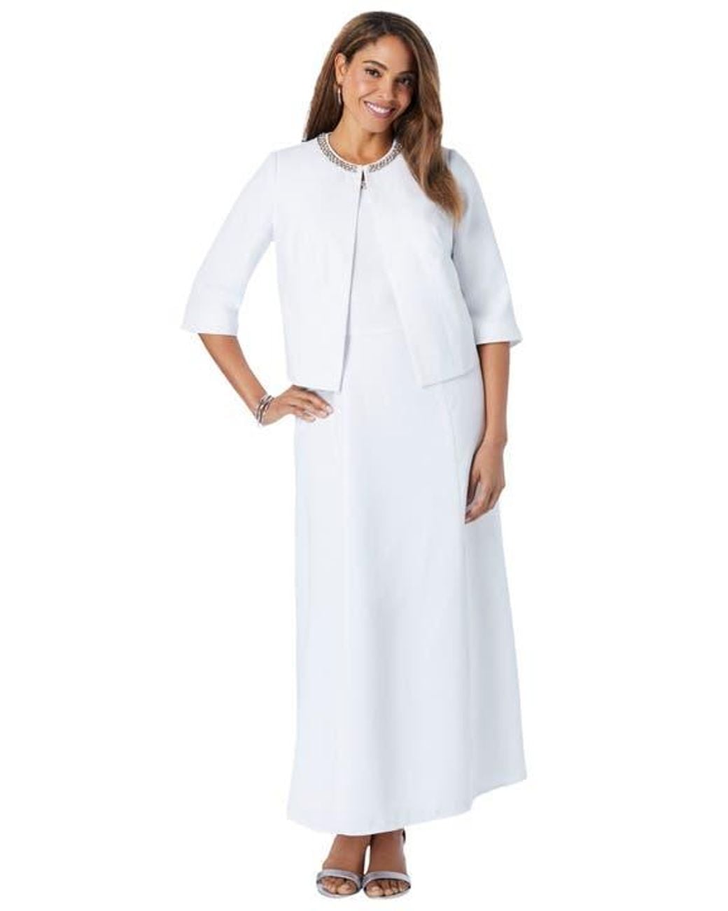 beaded jacket dress plus size Elegant White Satin Off-the-shoulder Beaded Floor-length Wedding Dress –  PreppyDress main image 0