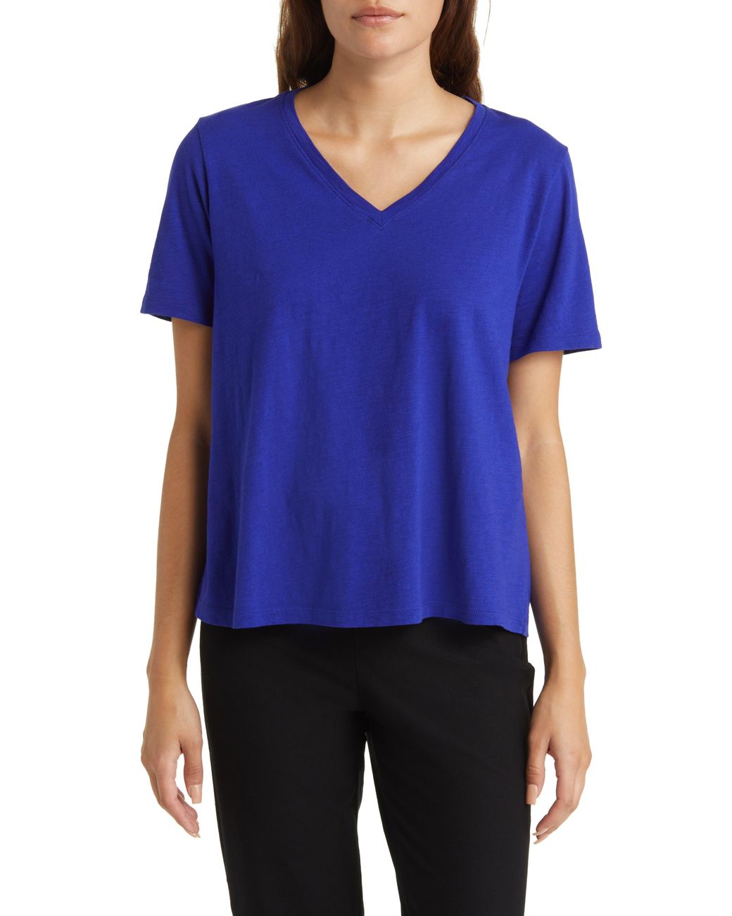Eileen Fisher Easy V-neck Slub T-shirt in Blue | Lyst