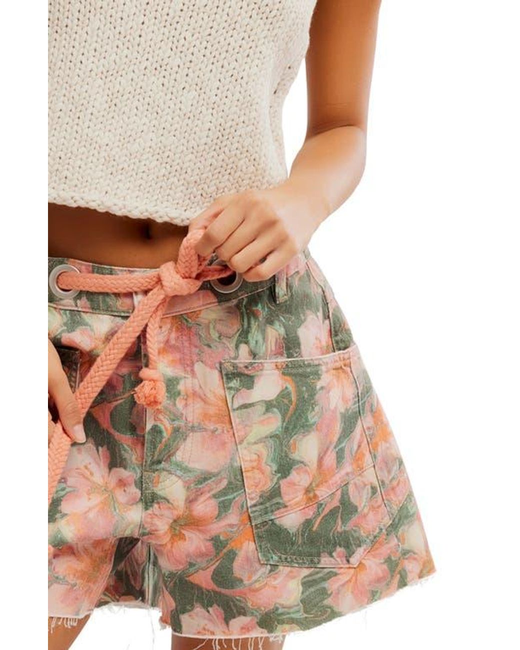 Free People Natural Moxie Floral Tie Waist Cotton Shorts