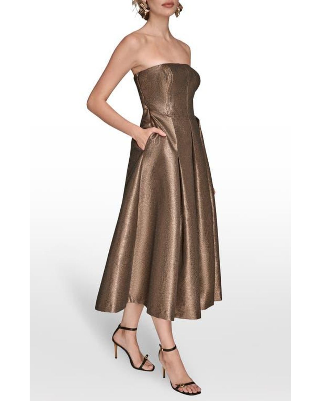Donna Karan Metallic Pleated Strapless Fit & Flare Cocktail Dress in Brown  | Lyst