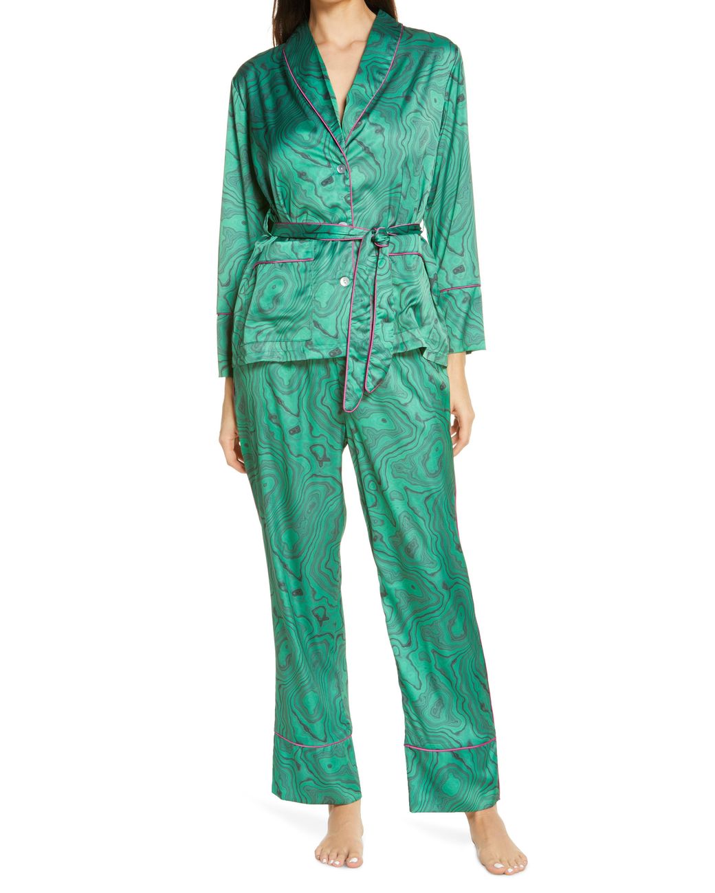 Kilo Brava Satin Wrap Pajamas in Green | Lyst
