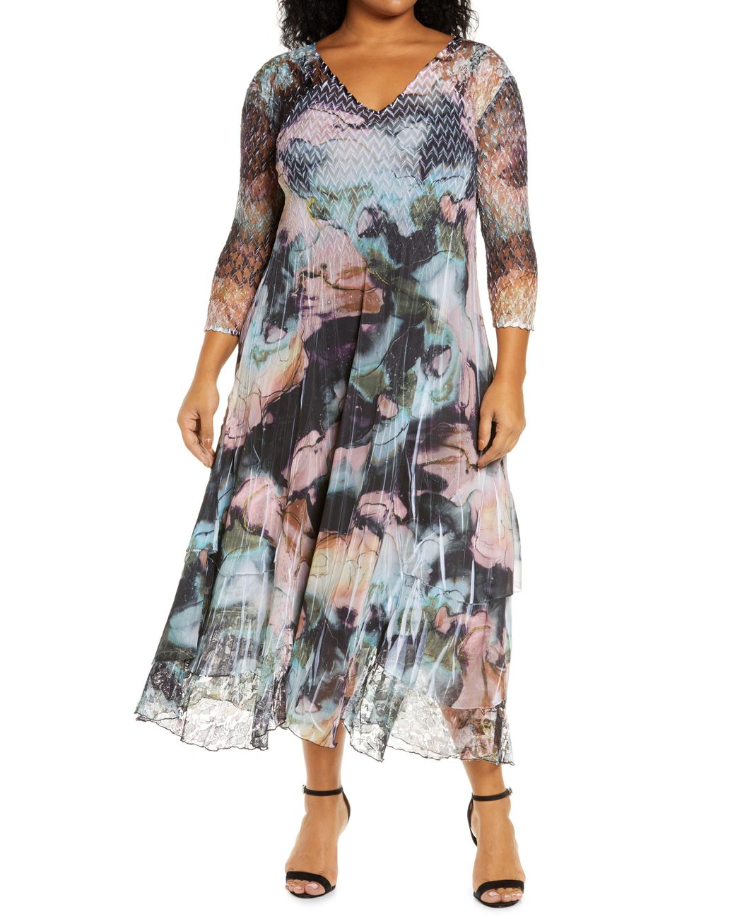 Komarov Watercolor Floral Chiffon & Charmeuse Vneck Midi Dress Lyst