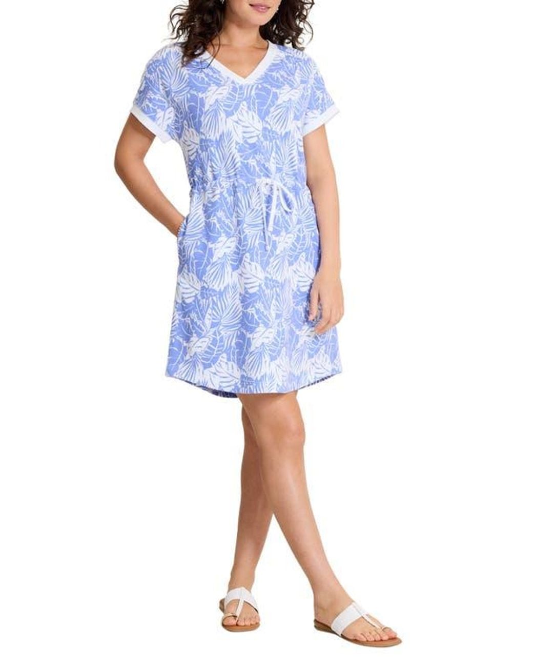 Tommy Bahama Blue Marina Del Mar Palmae Cotton Fleece V-Neck Dress