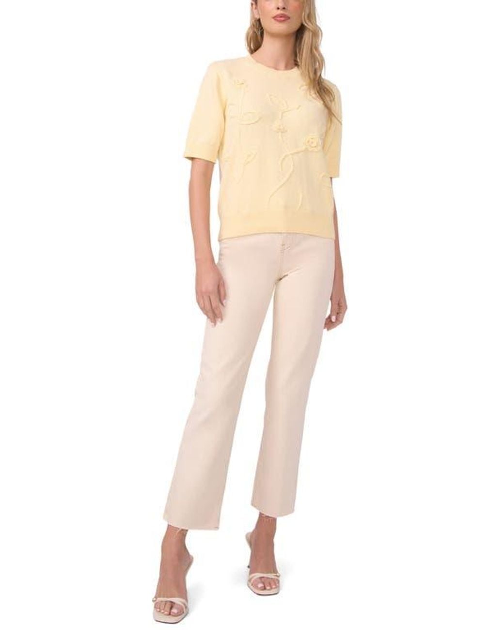 Vince Camuto Natural Floral Appliqué Cotton Blend Sweater