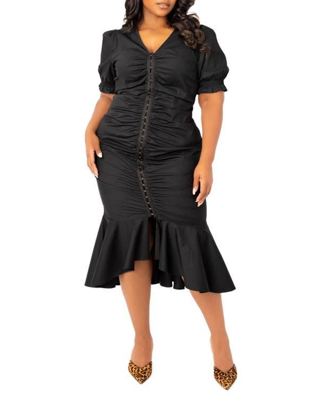 Buxom Couture Ruched Fishtail Midi Dress in Black | Lyst