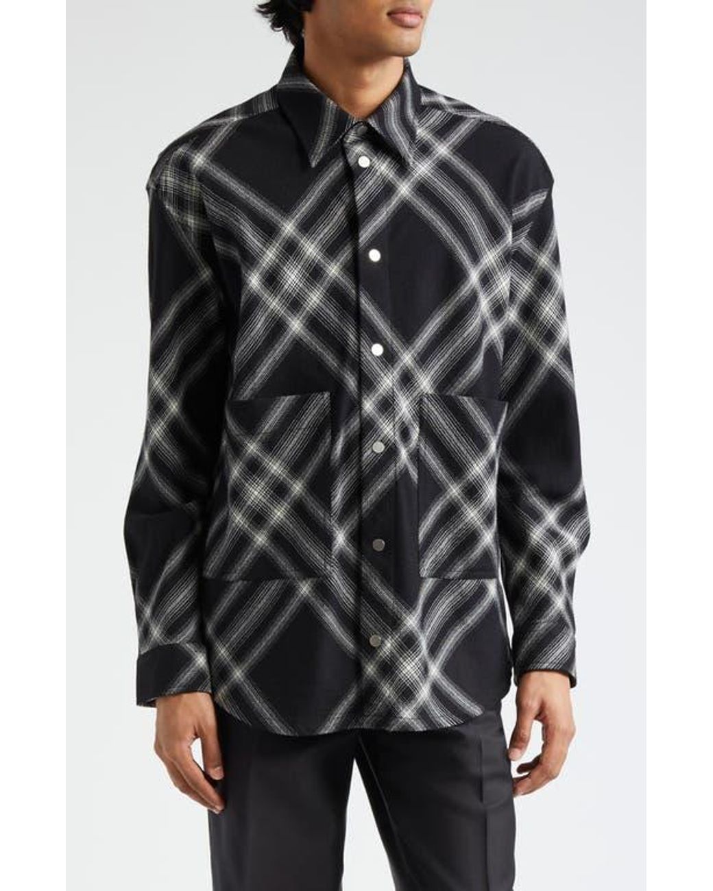 Burberry Oversize Check Wool Overshirt in Black for Men Lyst