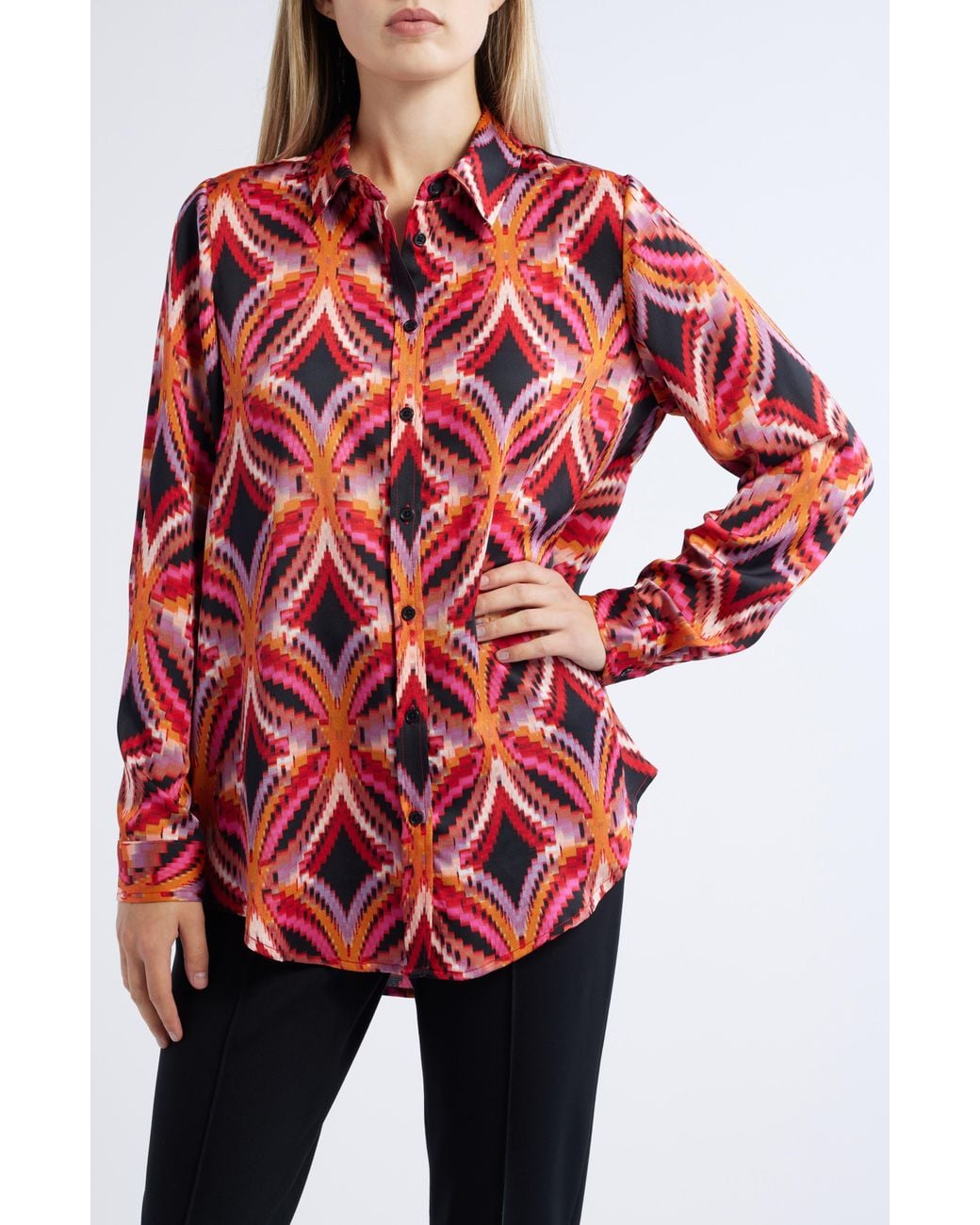 Tahari Red Satin Button-Up Top