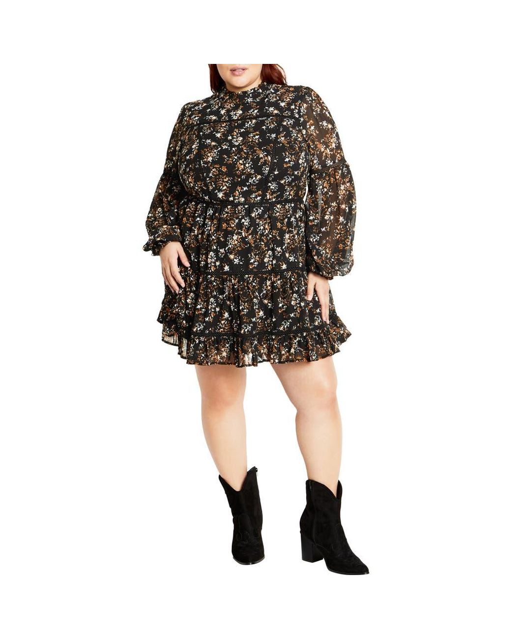 City Chic Elise Floral Long Sleeve Tiered Minidress in Black | Lyst