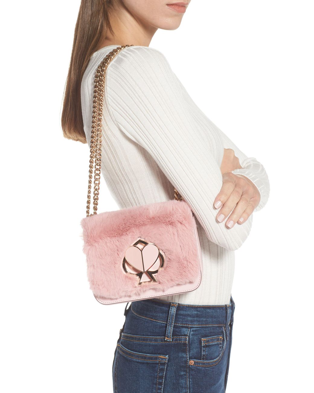 Kate Spade Nicola twistlock pink faux fur chain bag, Women's