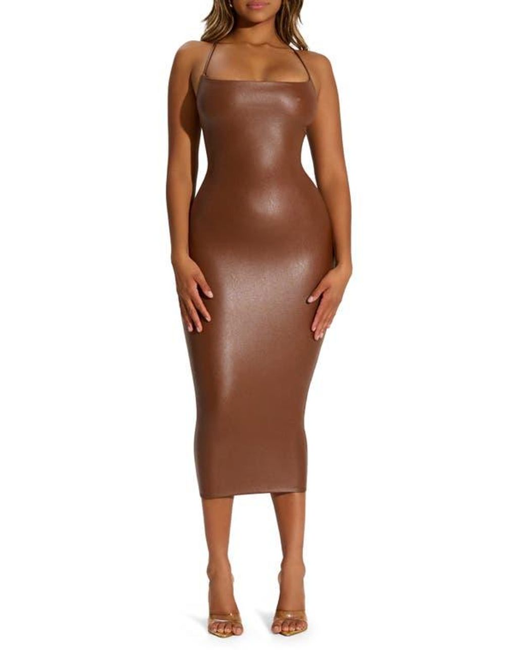 Naked Wardrobe Crossback Body-Con Faux Leather Midi Dress in Brown Lyst