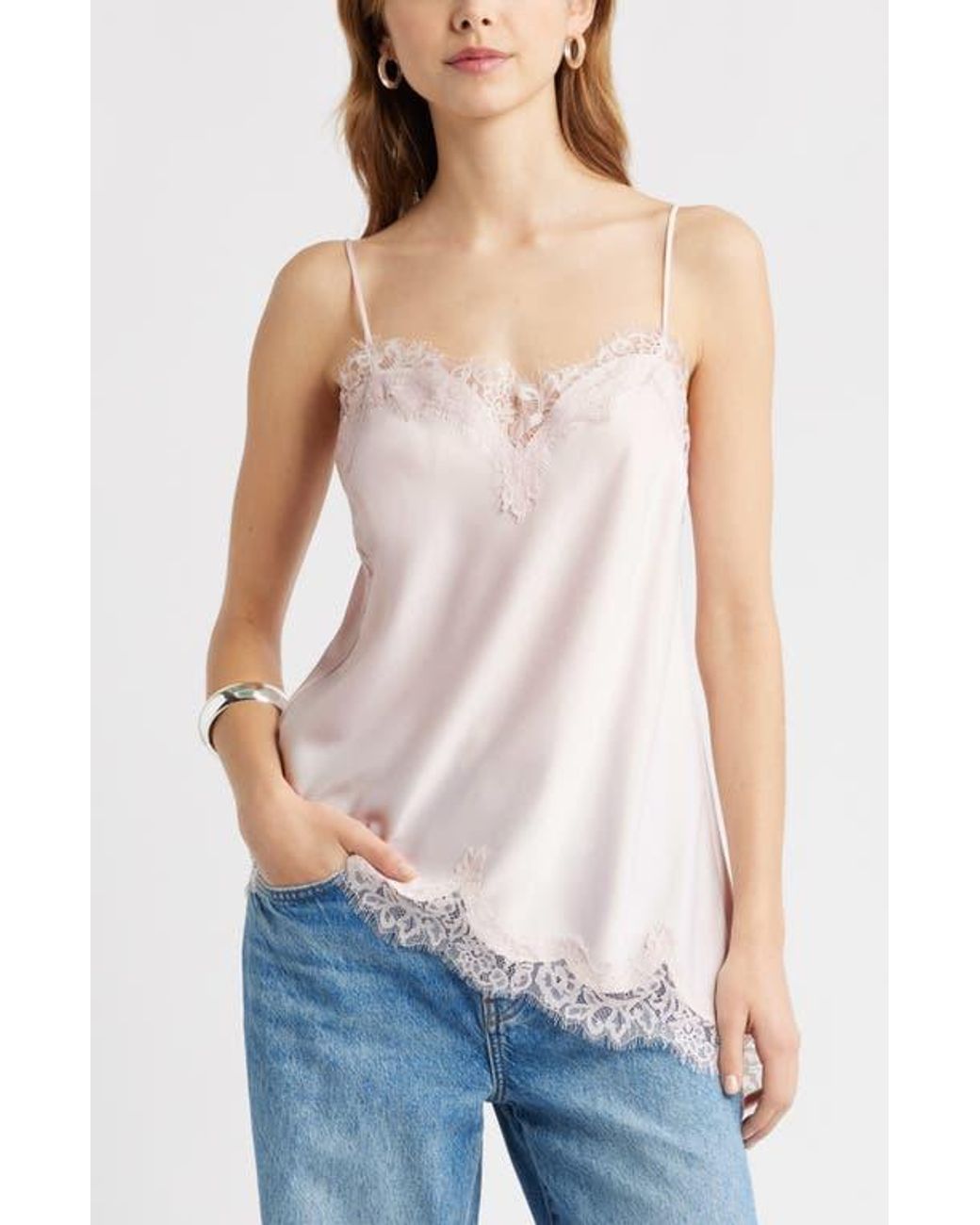 Open Edit Lace Trim Satin Camisole in Blue | Lyst