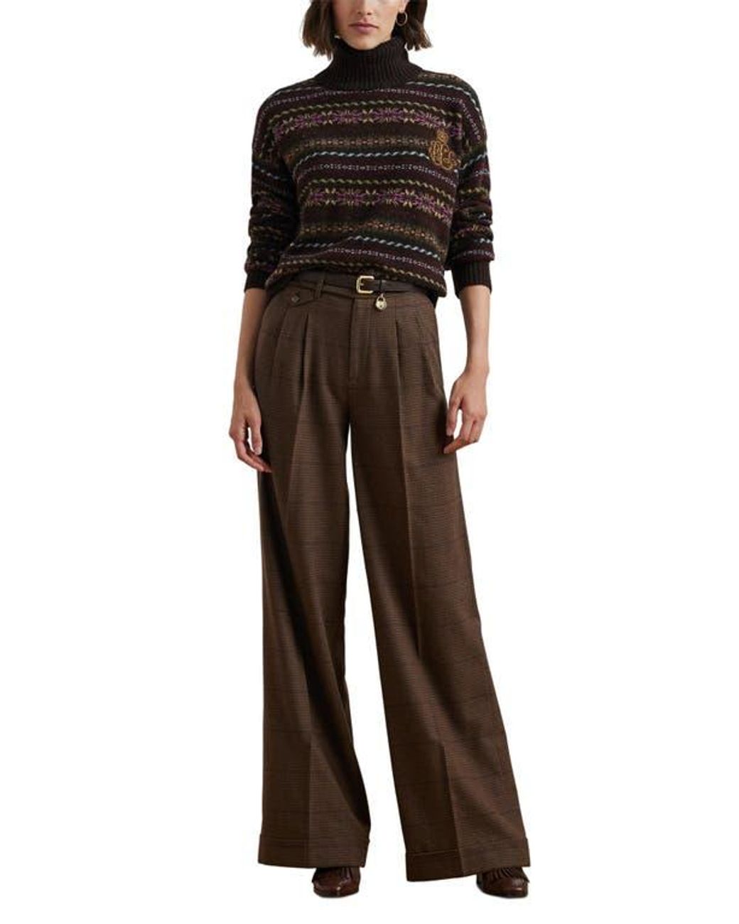 Ralph Lauren Check Wool Wide Leg Pants in Brown | Lyst