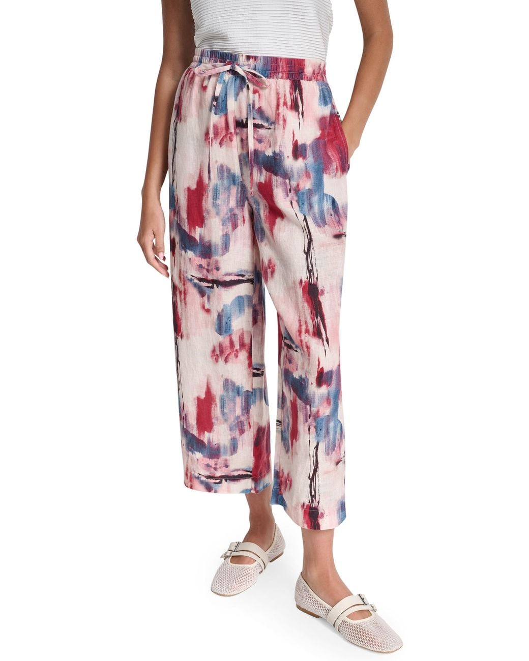DKNY Red Print Pull-On Linen Pants