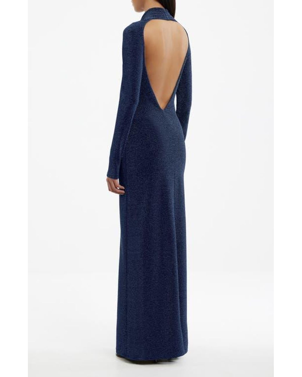 Significant Other Selena Metallic Plunge Long Sleeve Open Back Jersey Gown  in Blue | Lyst