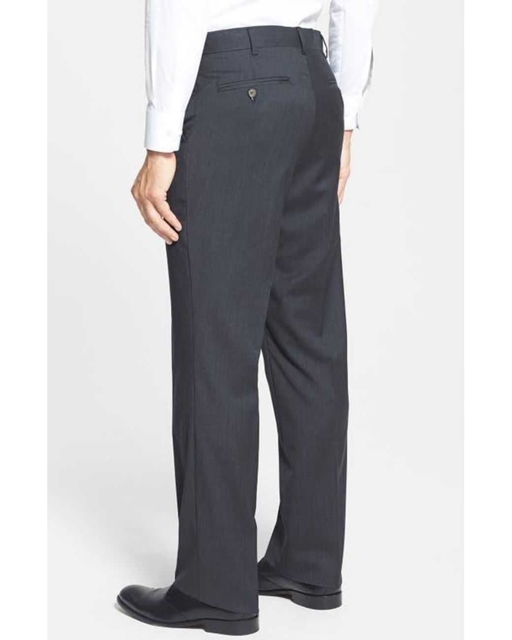 Berle Blue Self Sizer Waist Flat Front Lightweight Plain Weave Classic Fit Trousers for men