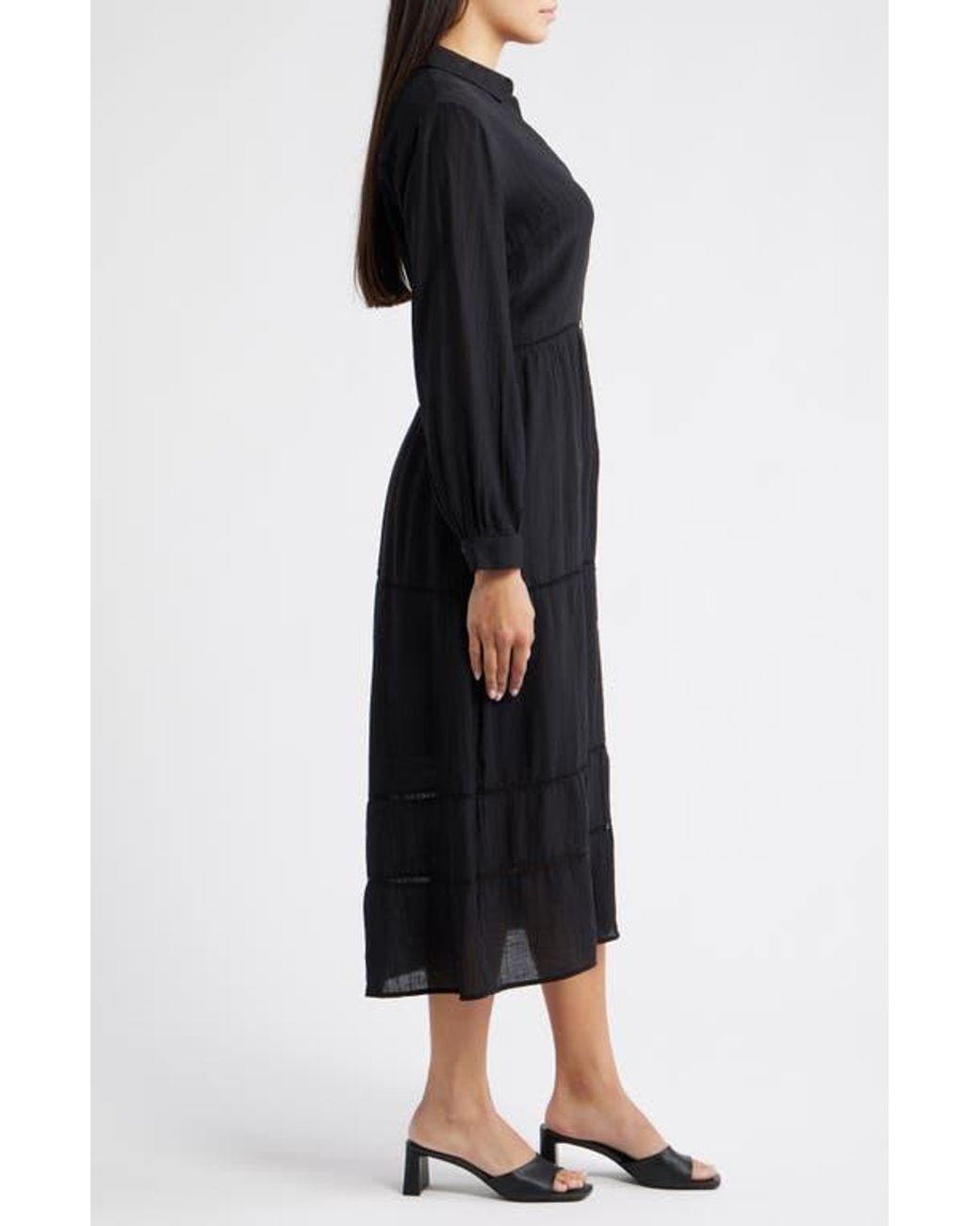 Cloth & Stone Ladder Stitch Long Sleeve Midi Shirtdress in Black | Lyst
