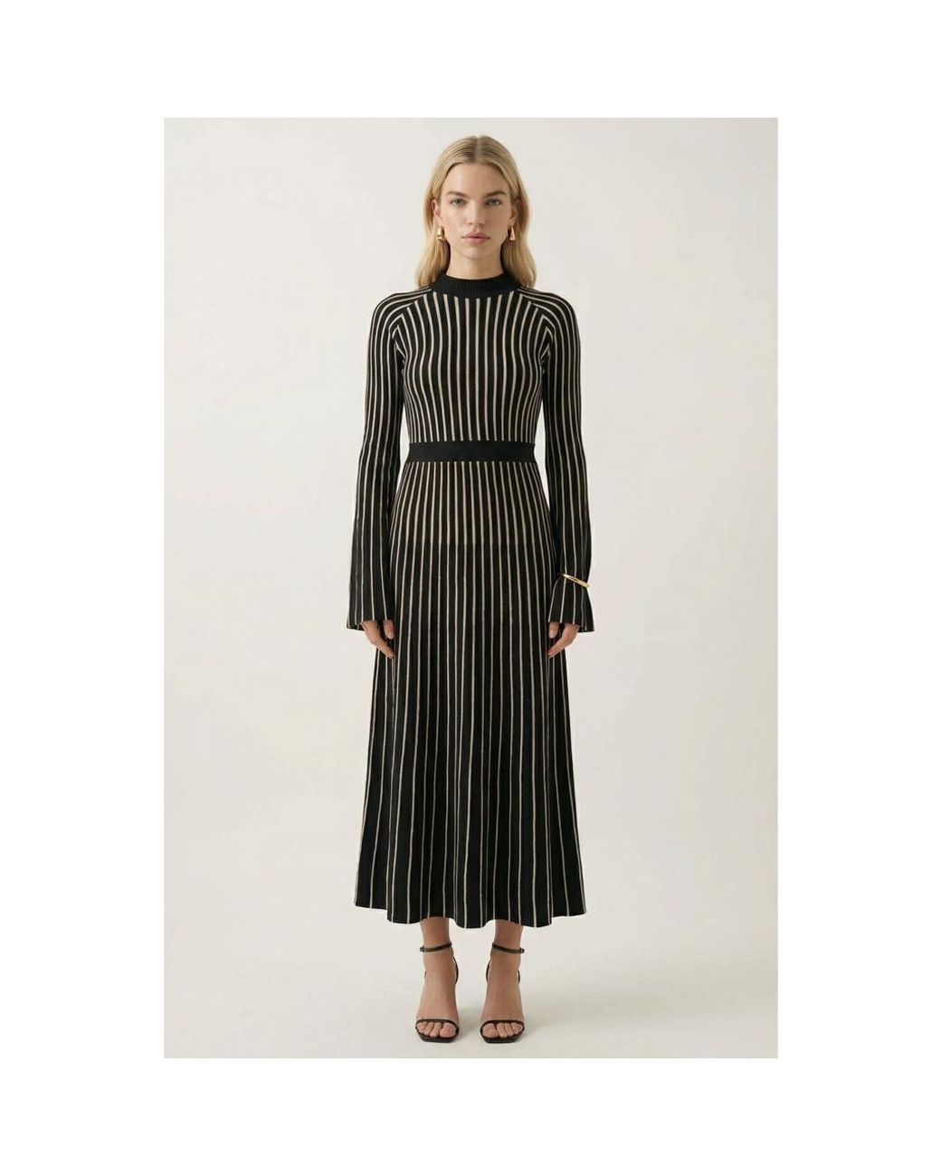 Modenaire Striped Rib-Knit Long Sleeve Maxi Dress With Mock Neck in Black