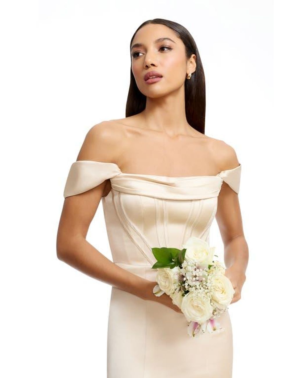 Dress the Population Melania Off The Shoulder Satin Gown in Natural | Lyst