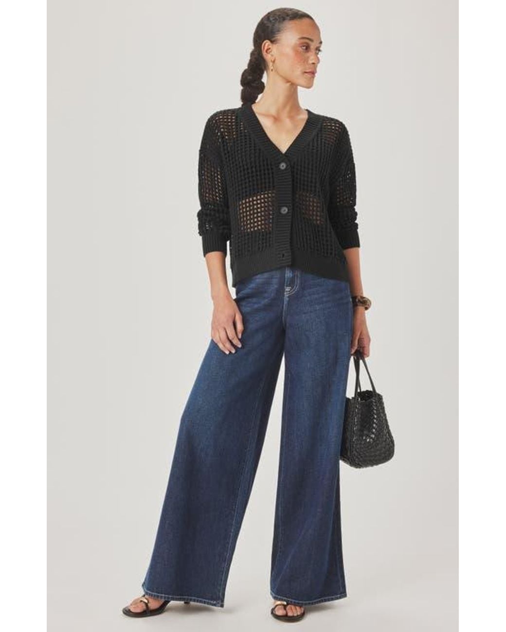 Splendid Black Camellia Openwork V-Neck Cotton Blend Cardigan