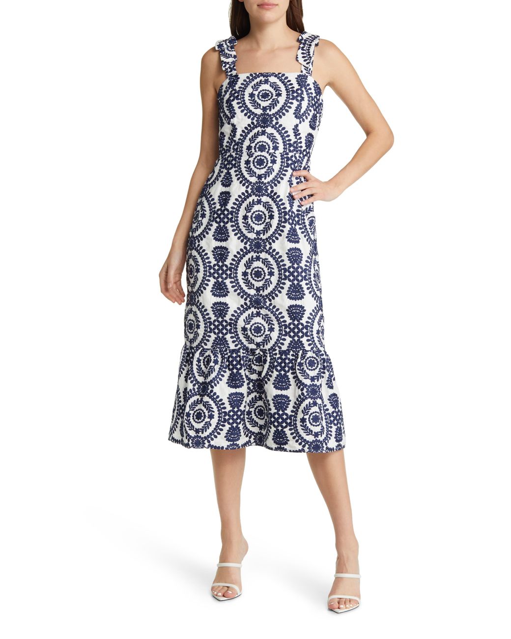 Adelyn Rae Layla Embroidered Cotton Midi Dress in Blue | Lyst