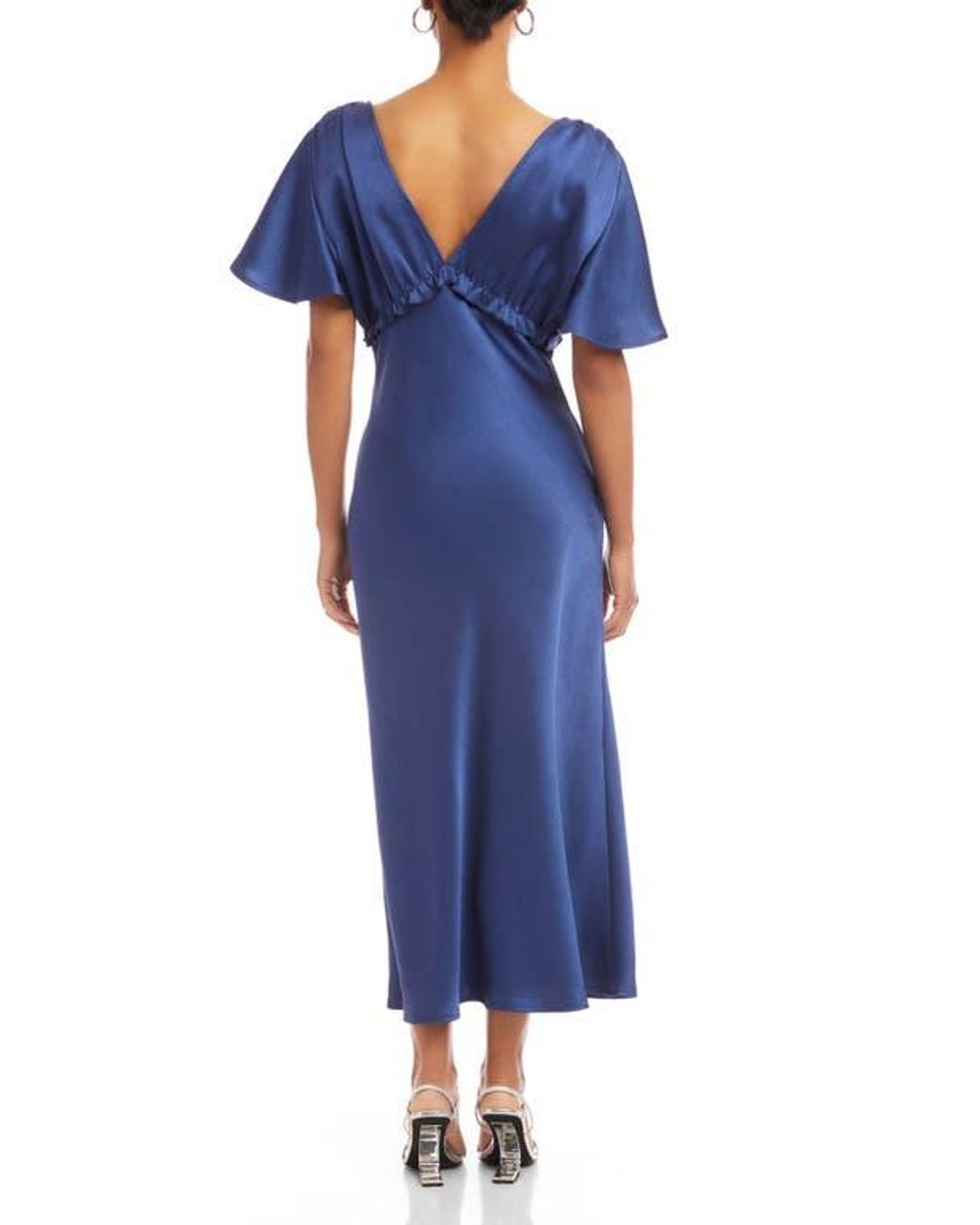Fifteen Twenty Shailene Satin Flutter Sleeve Midi Dress in Blue | Lyst