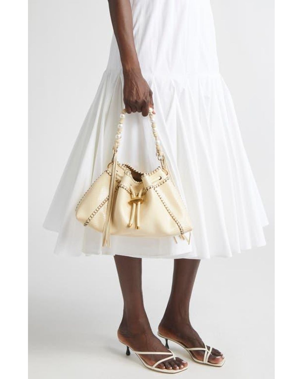 Jimmy Choo Bon Bon Fringe East/West Bucket Bag in Natural | Lyst