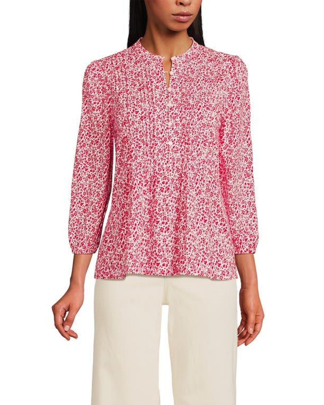 Lands' End White Plus Size Lightweight Jersey Button Pintuck Top