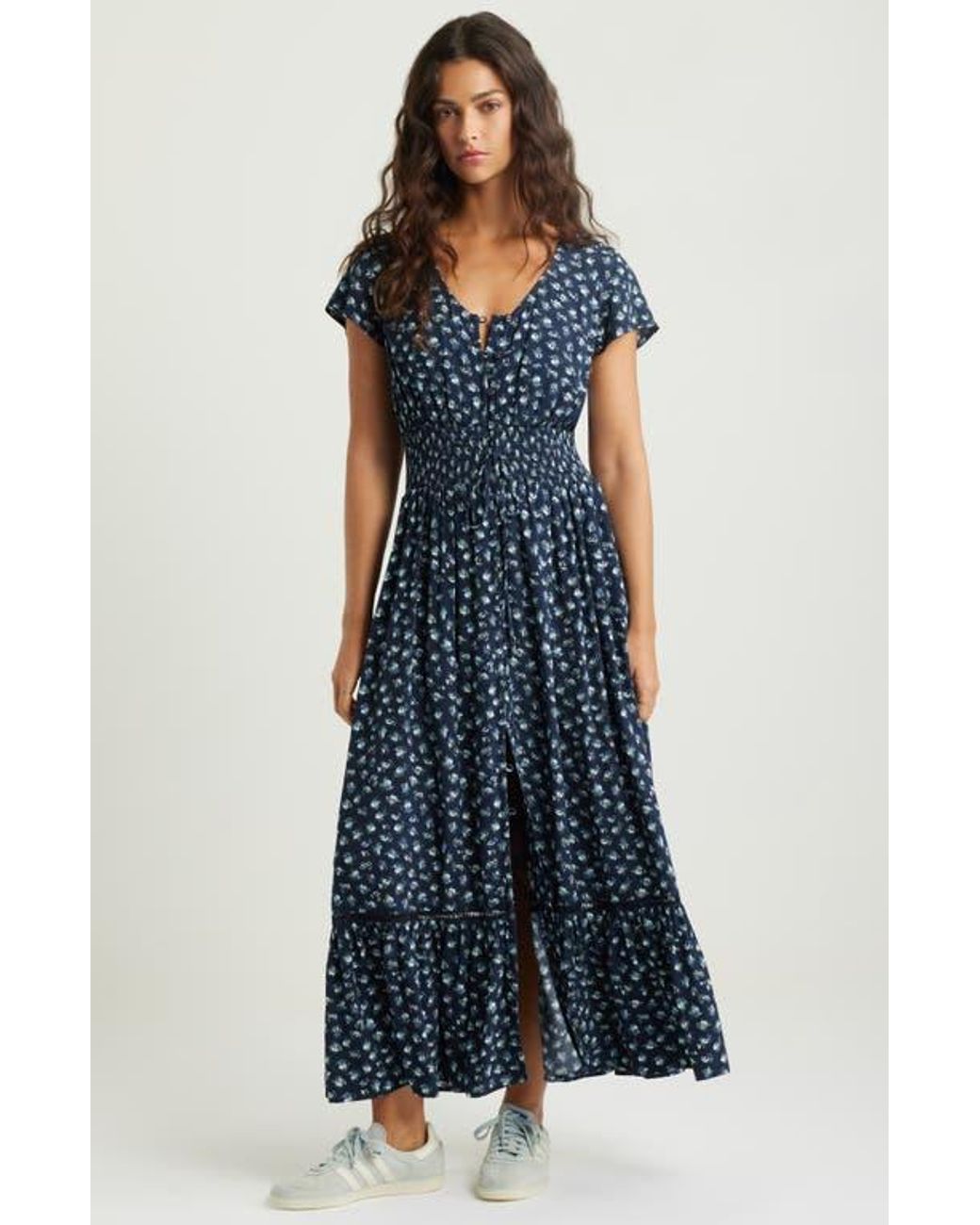 London Times Women's Smocked Waist Maxi Dress - Ruffle Collar Tiered Summer Dress