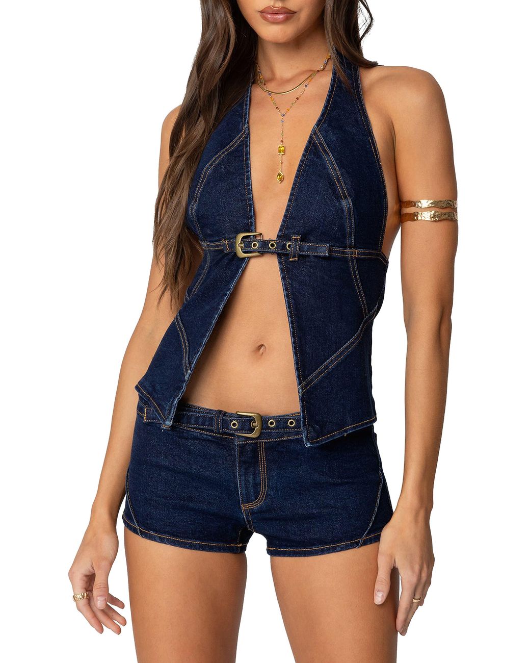 Edikted Blue Ciel Split Front Denim Halter Top