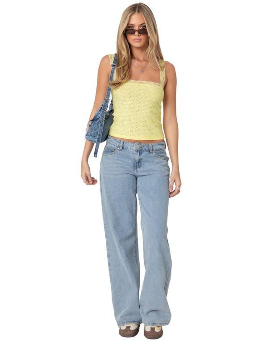 Edikted Virginia Lace Trim Eyelet Camisole in Blue | Lyst